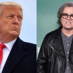 Trump con un traje elegante viendo hacia un lado con rabia, y la actriz Rosie sonriendo mientras ve a la cámara