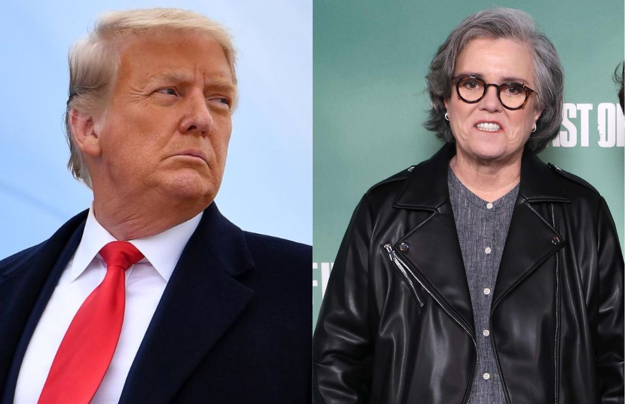 Trump con un traje elegante viendo hacia un lado con rabia, y la actriz Rosie sonriendo mientras ve a la cámara