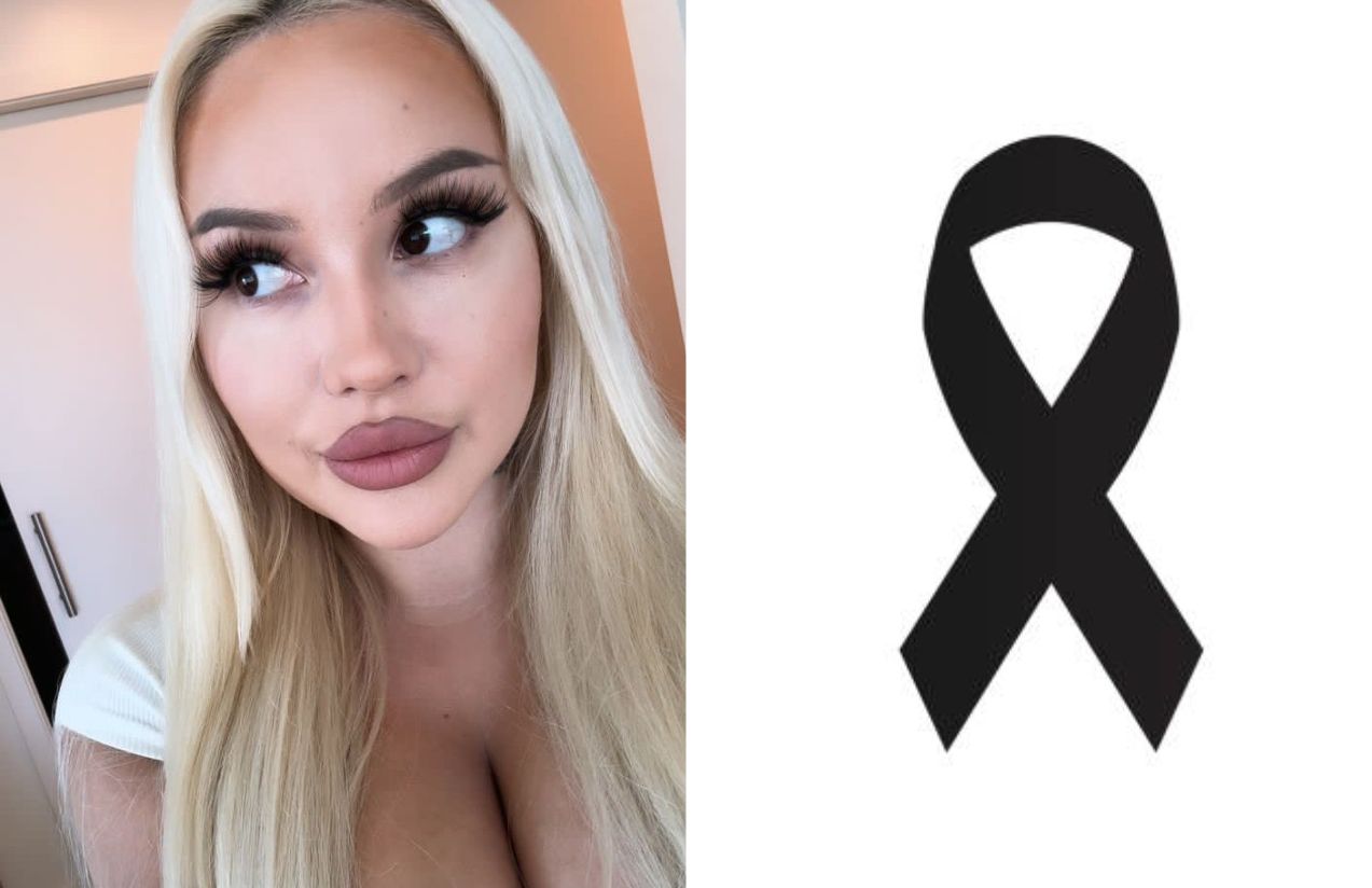 El rostro de la actriz de cine para adultos al lado de la cinta de luto