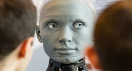 An artificial intelligence robot gives annoyed look when asked if it will rebel against humans
