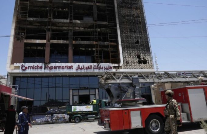 A charred building after a massive fire was extinguished